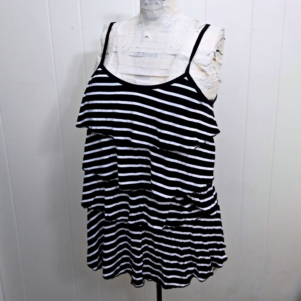 Bearisland Striped Tiered Ruffle Sleeveless‎ Dress Black White Casual Summer